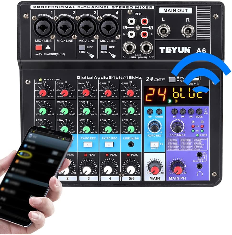 USB Audio Mixer, A6 6CH Protable Mini Mixer Audio Console with Sound Card USB Recording Singing Webcast Party Mixer image number 5