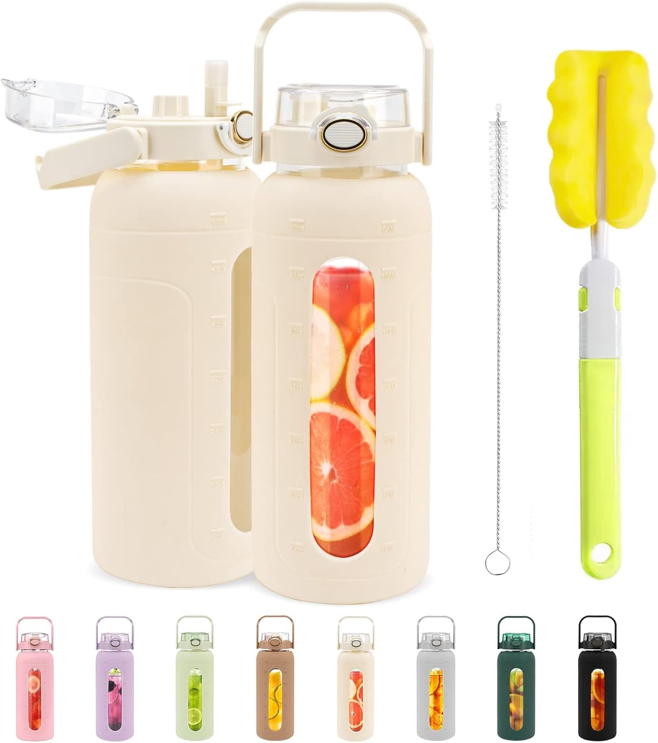 Tronco 64 Oz Glass Water Bottles with Straw and Handle Lid,Half Gallon Water Bottle with Silicone Sleeve&Time Marker,Large Reusable Motivational Glass Water Jug Leakproof for Gym/Workout/Travel