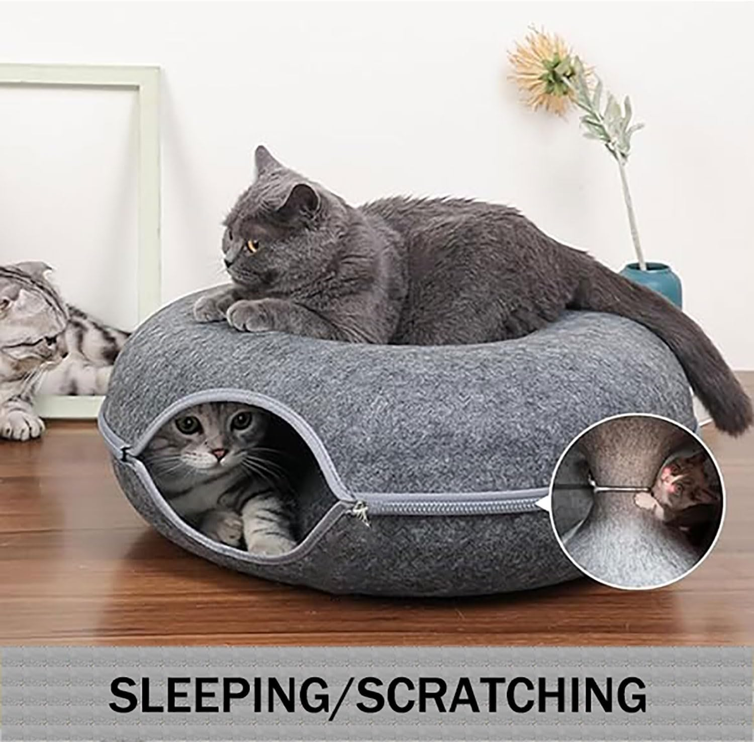 Yqkangzhu Cat Cave and Tunnel Bed for Multiple Large Cats up to 9 Lbs, 20*20*8 Inch Peekaboo for Indoor Cats, Scratch Detachable and Washable Meow Mansion Donut Bed (M) image number 6