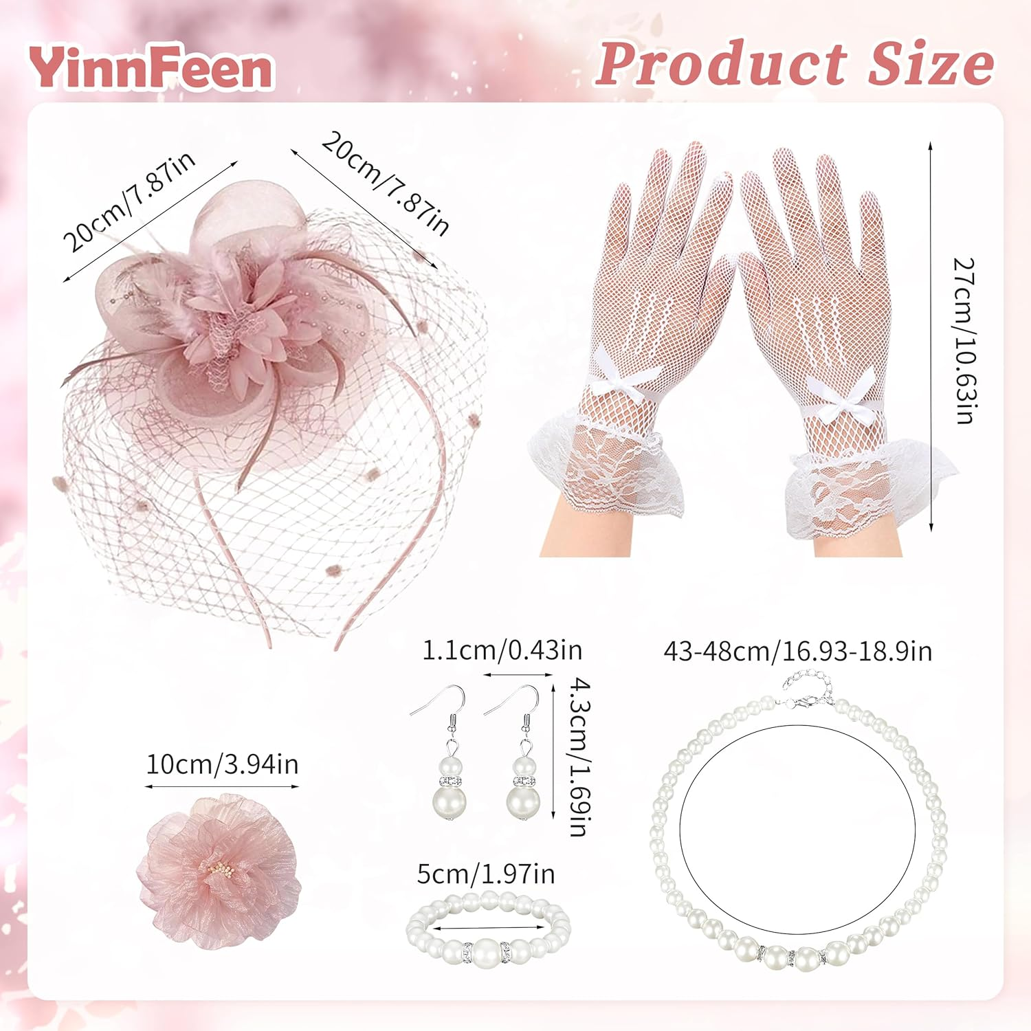 Yinnfeen 6 Pcs Tea Party Fascinators Hat for Women, Mesh Veil Headband with Pearl Necklace Earring Bracelet Lace Glove Brooch