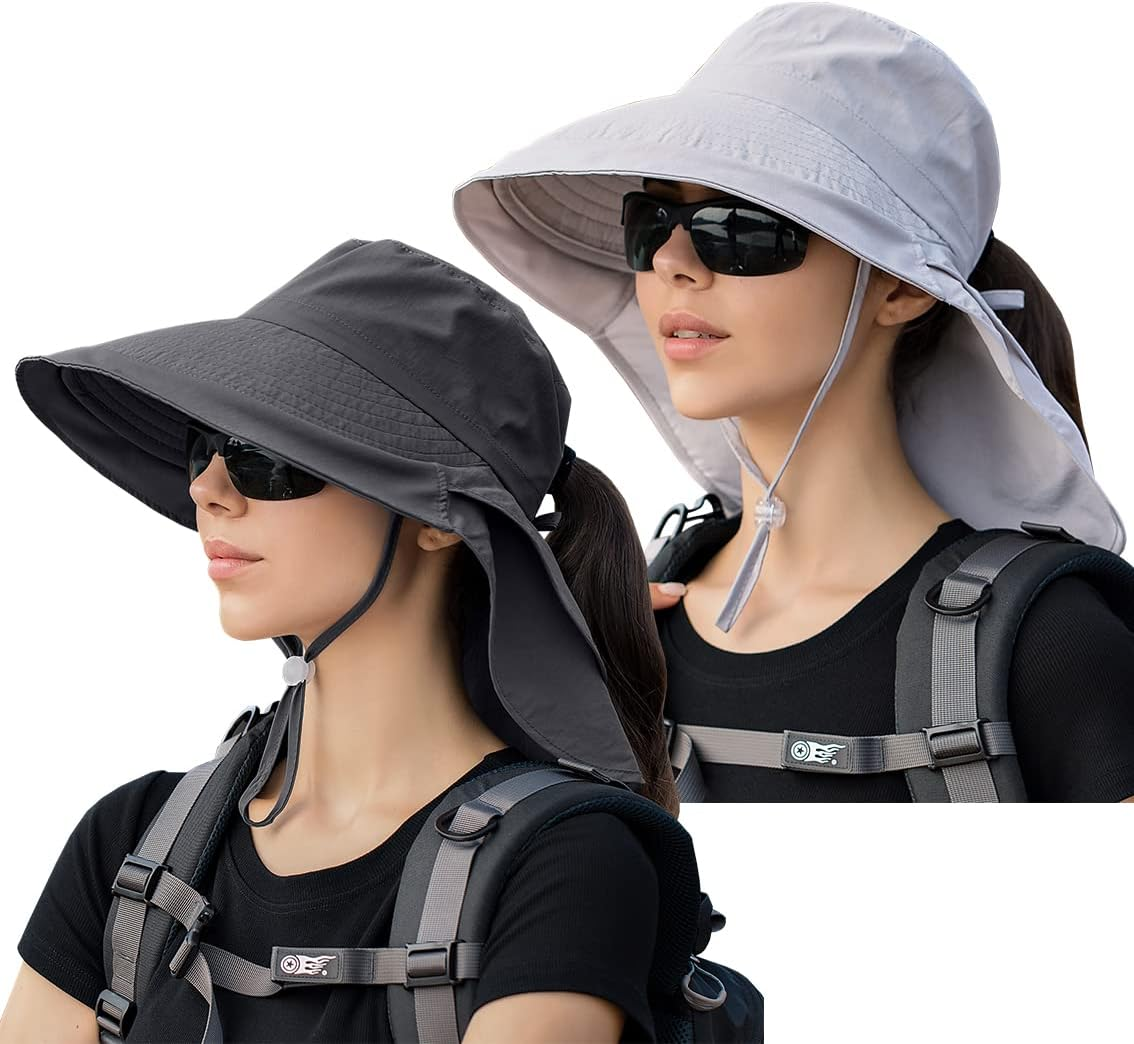 29 IYEBRAO Pack of 2 Women'S Sun Hats with Neck Protection UV Protection Wide Brim Ponytail Summer Hat UPF 50 Adjustable Beach Fishing Hat Garden Outdoor Hat