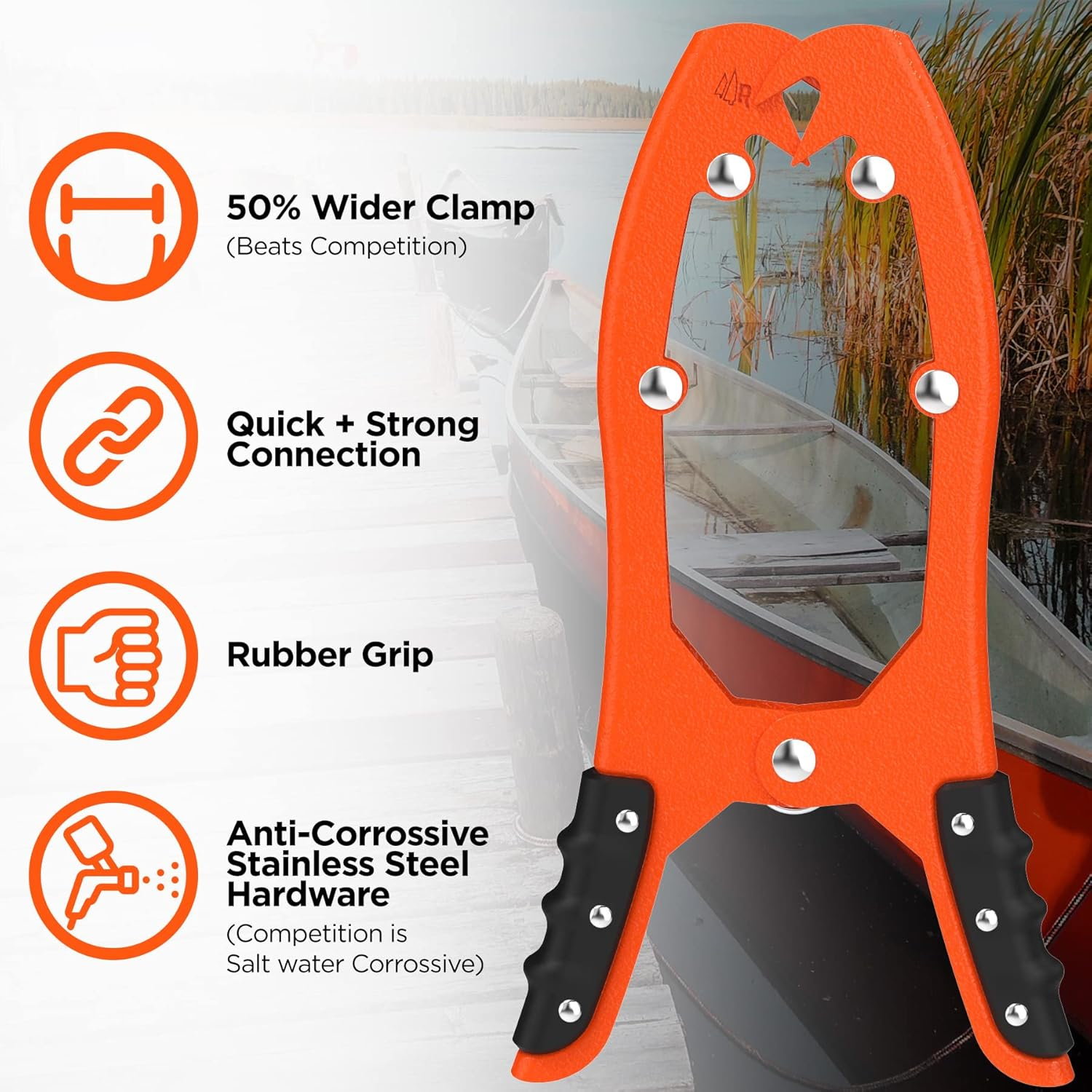 RANGLAND Original&reg; BAX-JAW Kayak Anchor Clamp Grip - Wide 5.25" Self Locking Tension Jaw with Floating Pouch and 15' Paracord 550 Rope, Kayaking Accessories (Corrosion-Proof Steel)