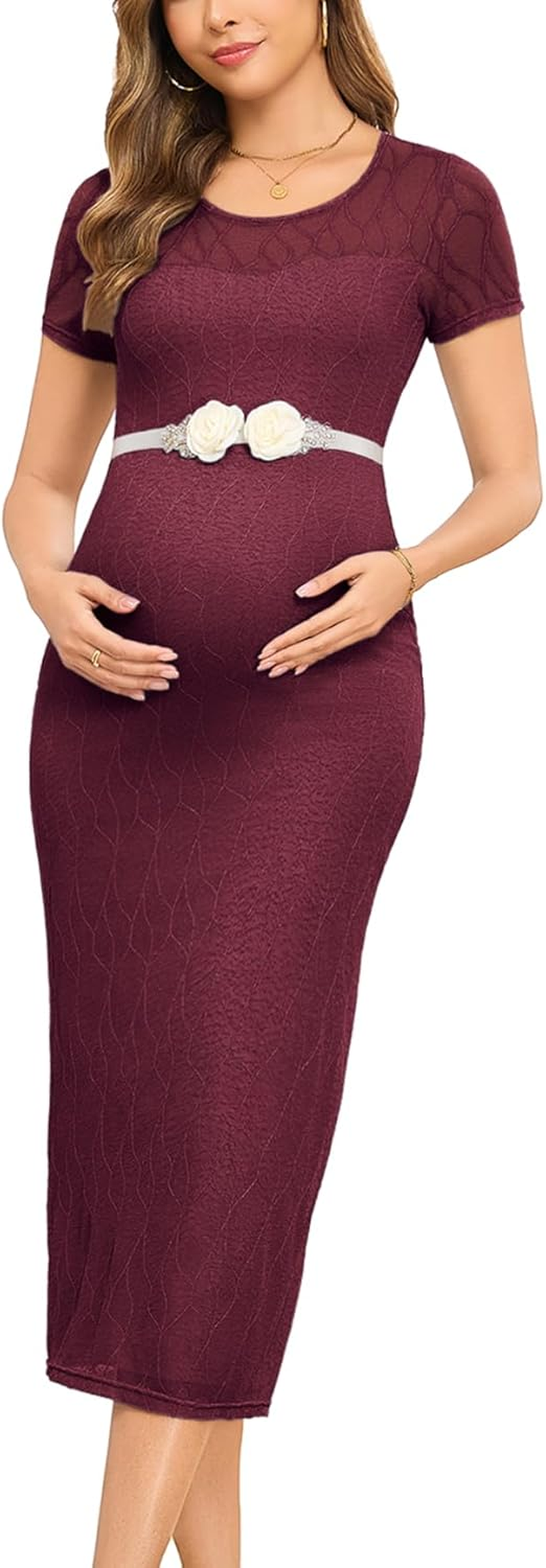Mesh Maternity Dress Bodycon Ruched Side Midi Pregnancy Dresses Baby Shower Wedding Guest Photoshoot without Belt