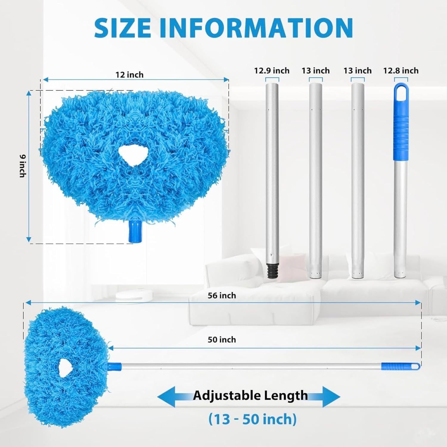 High Ceiling Fan Blade Cleaner Duster Cleaning Long Pole Extension Microfiber Feather Brush Window Blind Wall Cobweb Dust Extendable Handle Tool Washable Telescopic Web Maid Mop Telescoping Extended image number 1