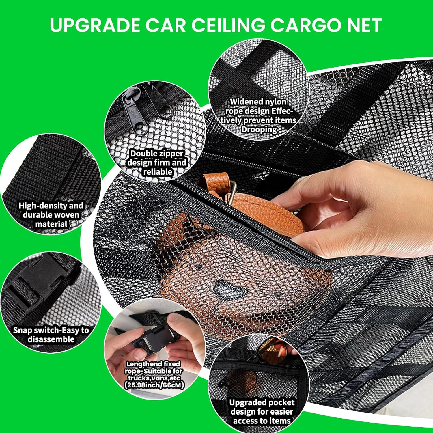 Car Ceiling Cargo Net Pocket, 78 * 53Cm, Adjustable Double-Layer Mesh SUV Roof Organizer, NO Sagging Roof Cargo Net Organizer for SUV, Van Life Accessories image number 1