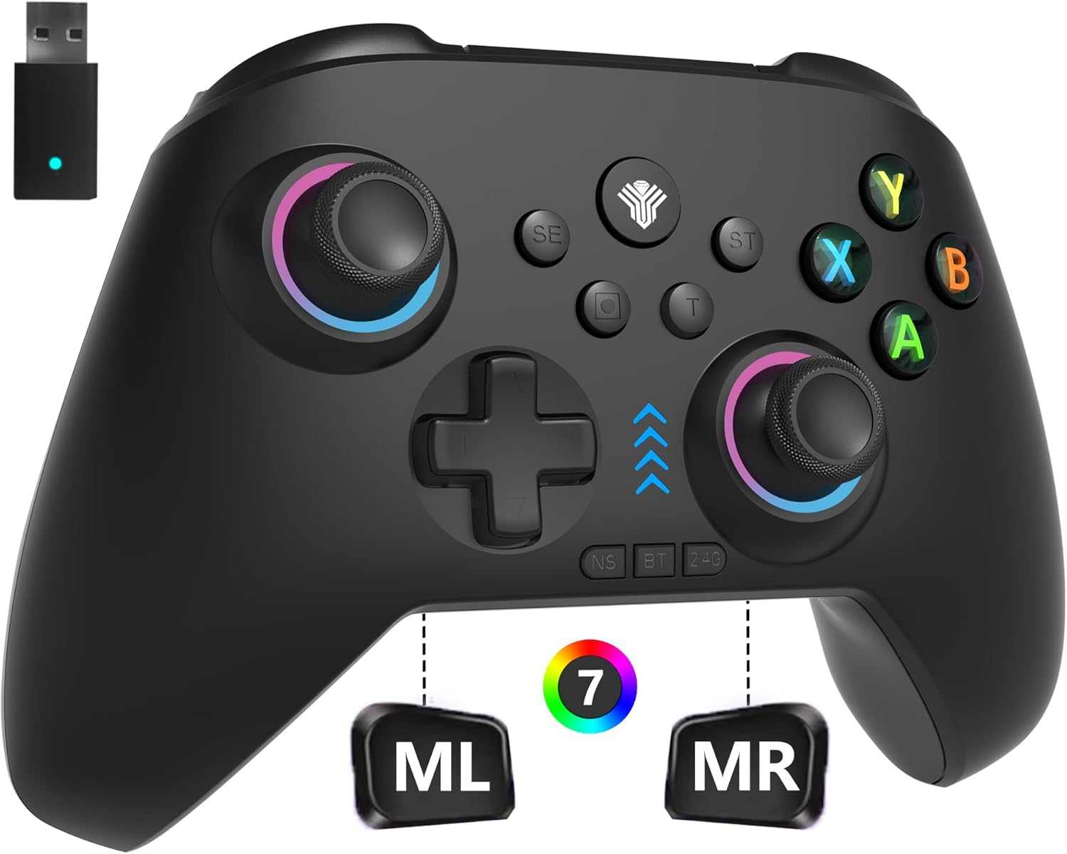2.4G Wireless PC Controller with RGB Lighting/Programming Keys/Hall Joysticks/Hall Triggers/Vibrations,Three-Mode Switch Controller,Plug and Play Work for Windows PC, Android, Switch, Steam,Tv