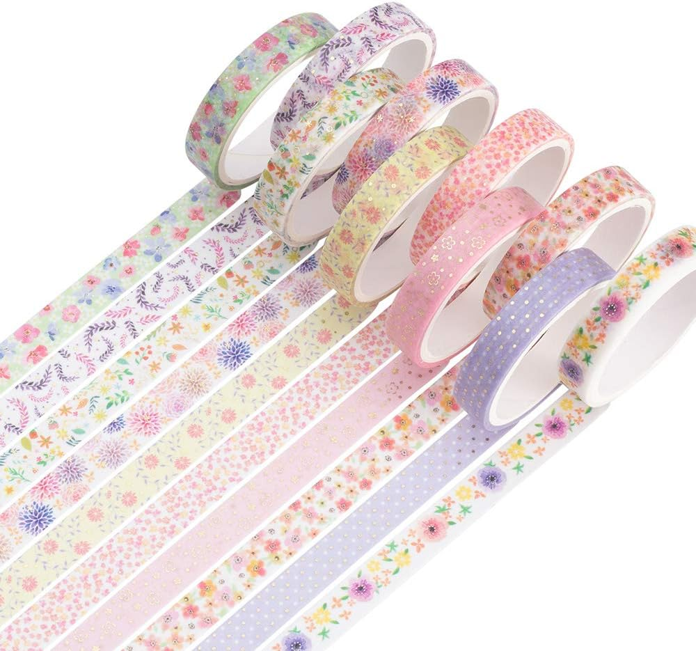 YUBBAEX 10 Rolls Sparkling Washi Tape Set 8Mm Skinny Gold Foil Decorative Masking Washi Tapes for Bullet Journal,Scrapbook, Planner, DIY Crafts (Party Elements)