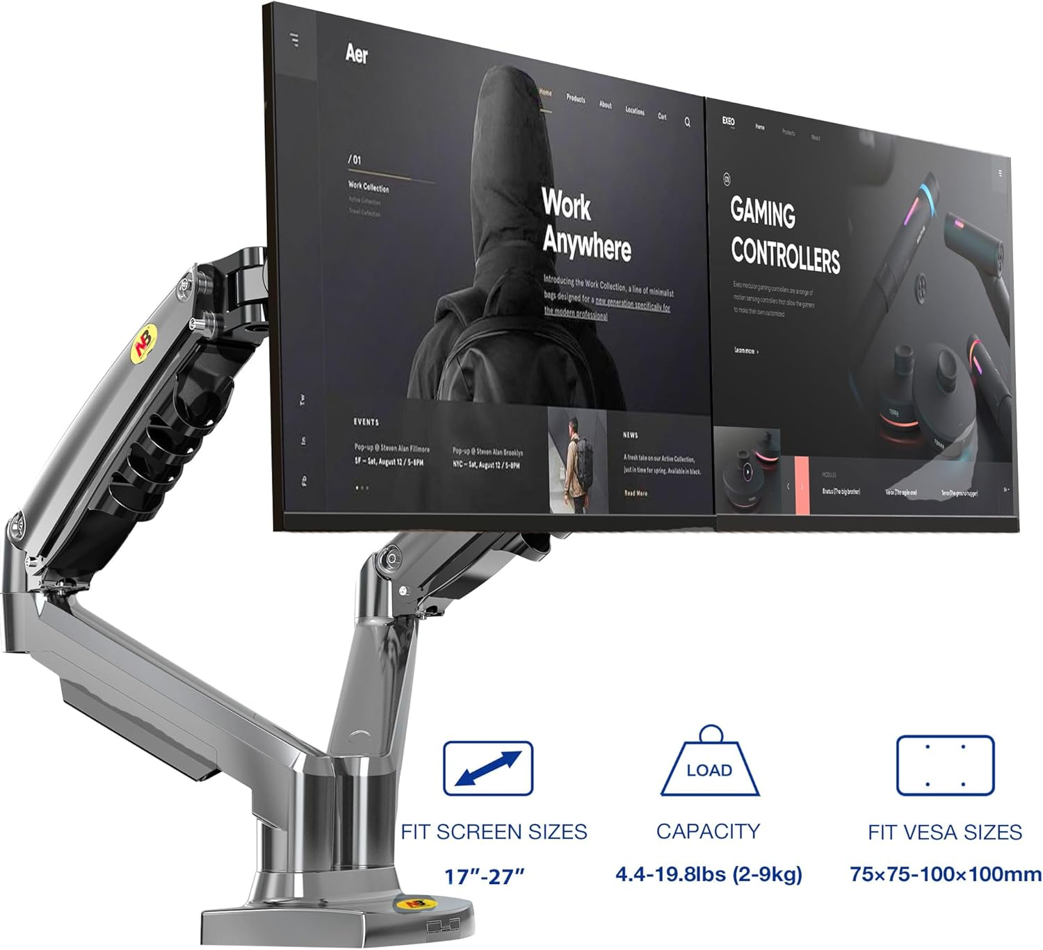 NBAV Mounts NB New F160 Dual Monitor Full Motion Desk Mount with Gas Spring for Two Computer Monitors 17 - 30Inch LED LCD Flat Panel Tvs from 2Kg to 9Kg per Arm. image number 2