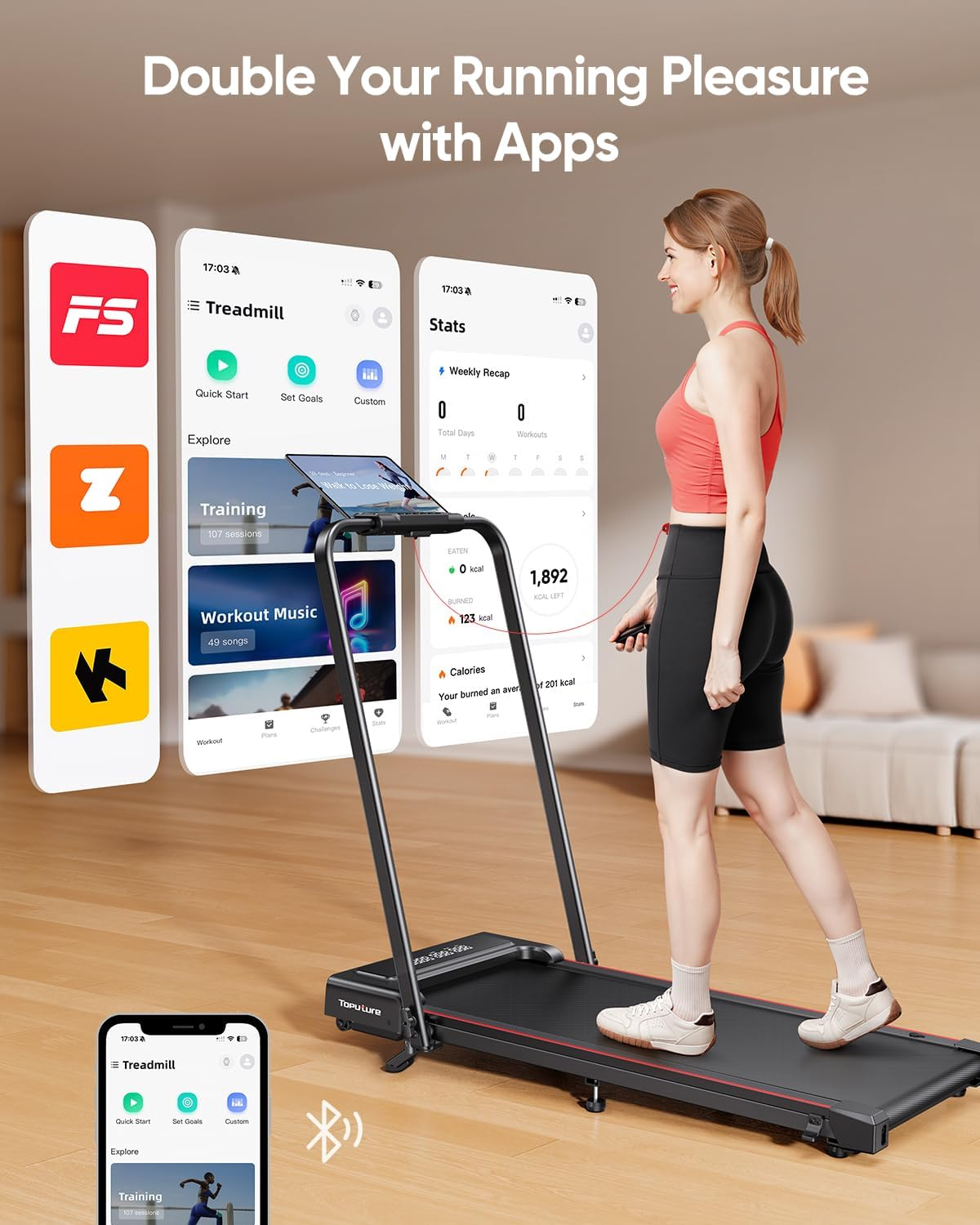 TOPUTURE 4 in 1 Foldable Walking Pad Treadmill with Incline and Handle Bar, 2.5HP with Dual Display and Mute Control, under Desk Treadmills for Home with App Bluetooth Folding Treadmill image number 3