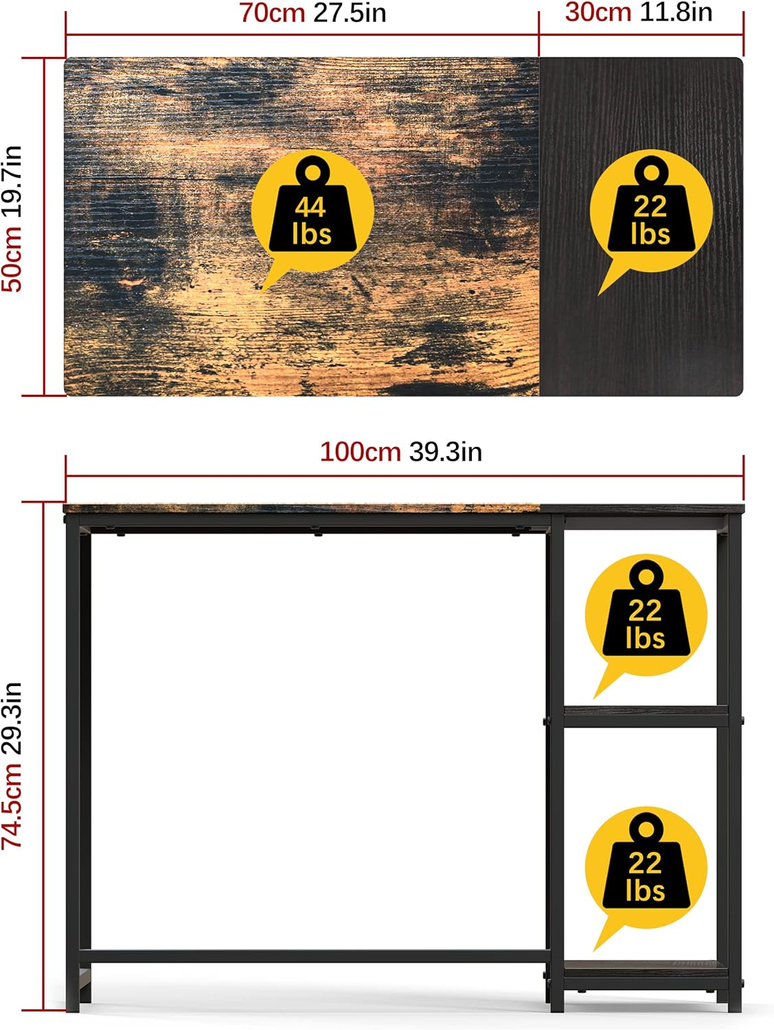 Large Gaming Desk, Gaming Table, PC Gaming Workstation Home Office Desks with 2 Storage Shelves, Space-Saving, Easy to Assemble, 100X50X74.5Cm, Brown image number 2