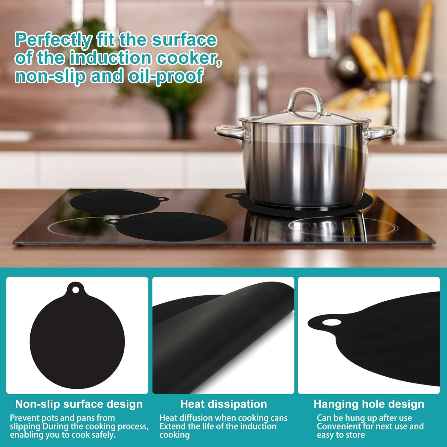 4 Black Silicone Mats for Induction Cookers, Induction Cooker Protective Non-Slip round Silicone Mats, Induction Floor Mat, Heat Resistant image number 5