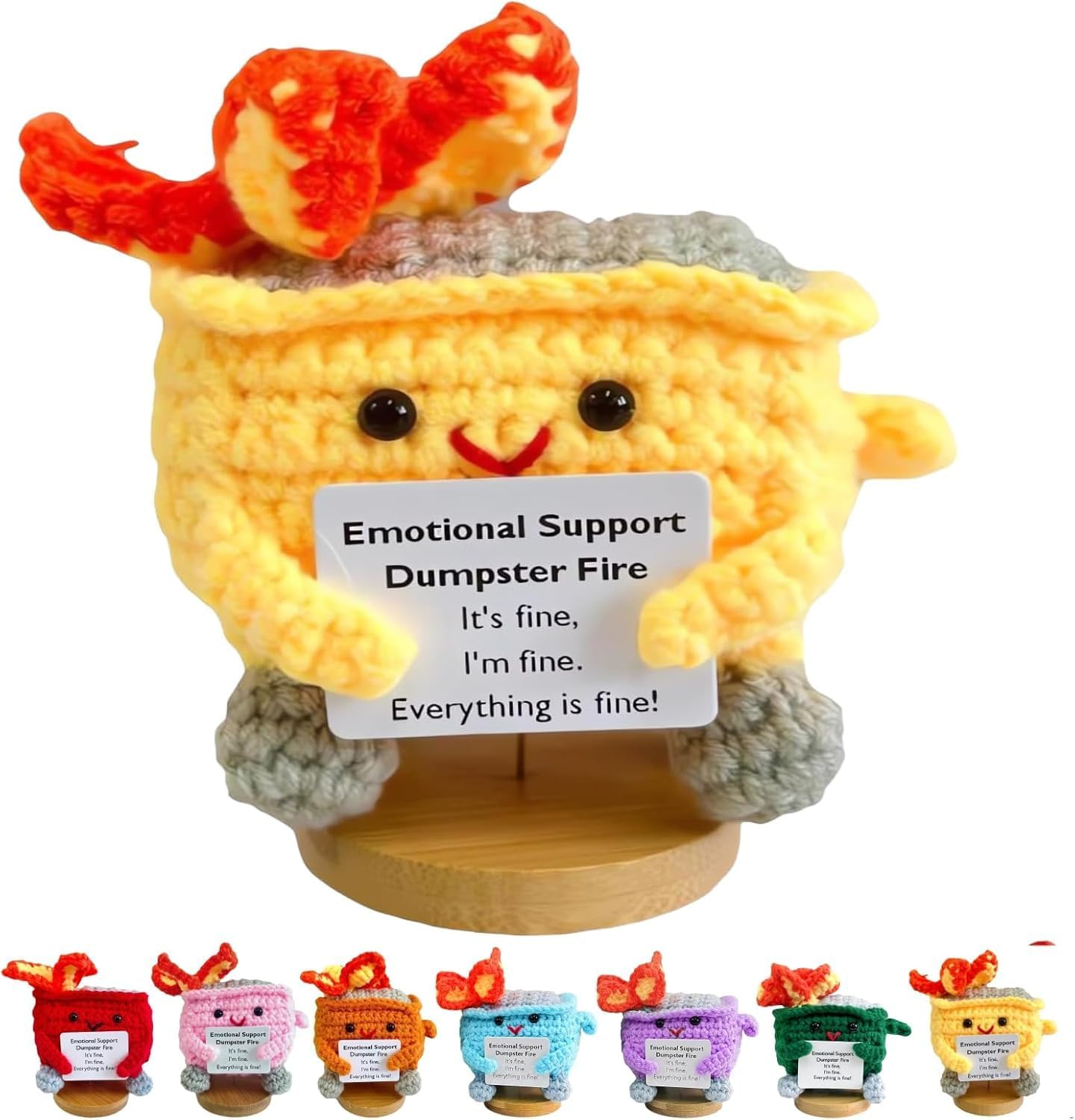 Emotional Support Dumpster- Handmade Crochet Dumpster Fire Doll, Christmas Dumpster Fire Knitting Toy Ornaments with Positive Card, Handmade Emotional Support Crochet Gift Desk Decor (Yellow) - 2 Pack Funny Positive Potato image number 4