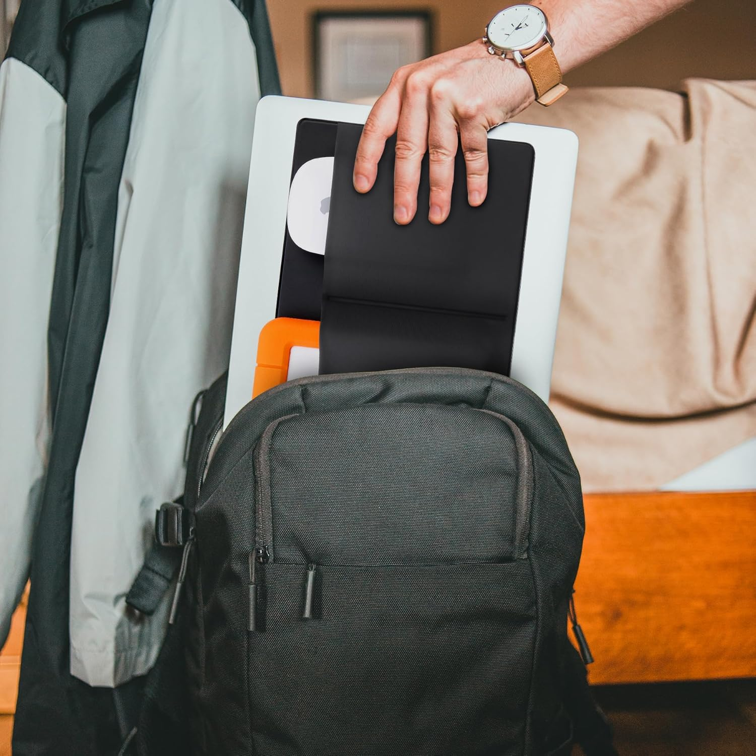 Lacdo 3-Pocket Mouse Holder for Laptop Stick On, External Hard Drive SSD Holder for Laptop, Stick on Pouch Organizer Adhesive Pocket Storage Sleeve for Mouse/Hdd/Ssd/Cables, Computer Accessories,Black