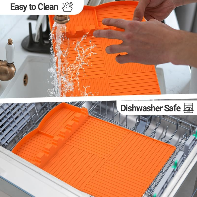 SOVYOULIVE 2PC Silicone Grill Mat Compatible for Blackstone, Silicone Griddle Tools Mat with Drip Pad, Spatula for Outdoor Grill Kitchen Cookiing Countertop (Orange, Gray)