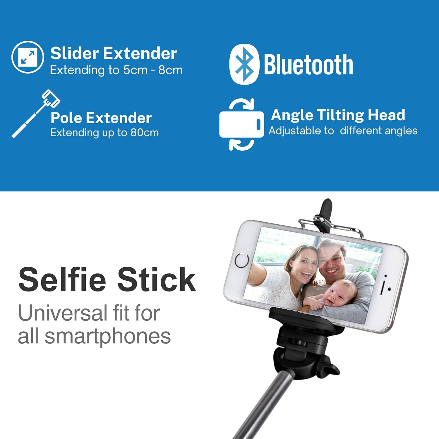 Laser Bluetooth Selfie Stick with Adjustable Phone Holder, Extends to 100Cm, Built-In Shutter Button, Micro USB Rechargeable, Spring Lock, Fits 5Cm to 8Cm Phones, Ideal for Travel and Group Photos image number 3