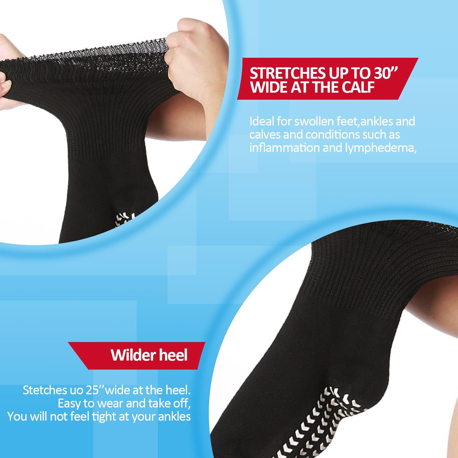 Non Slip Socks for Diabetic Foot, Extra Wide Socks for Lymphedema, over the Calf Neuropathy Socks, 2 Pairs Soft Fabric, Knee High, Loose Fit for Swollen Feet, Weidllys image number 2