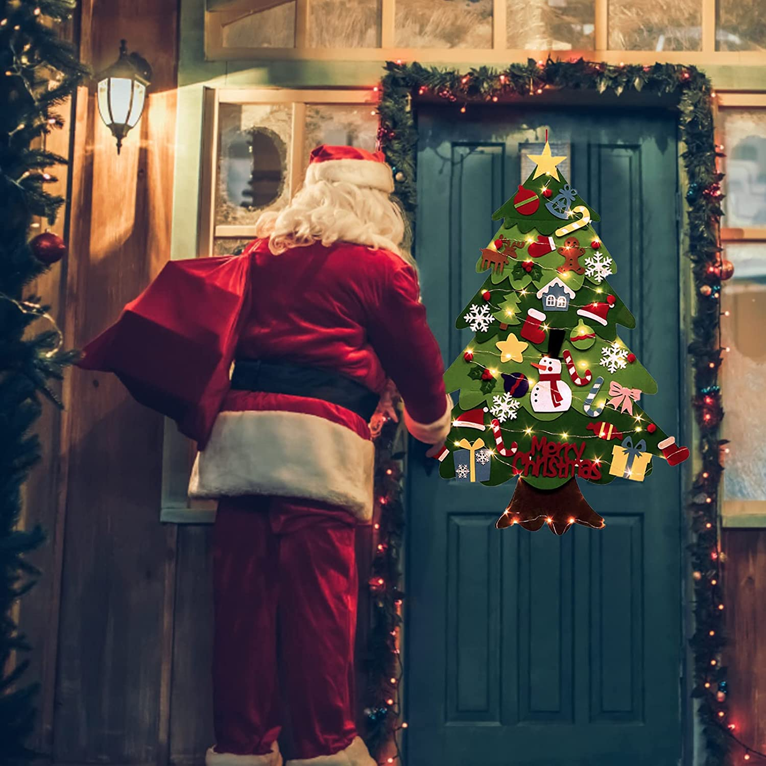 DIY Lighted Felt Christmas Tree Set Xmas Decorations Wall Hanging 32 Ornaments Kids Gift with String Light (Batteries Not Included) image number 1