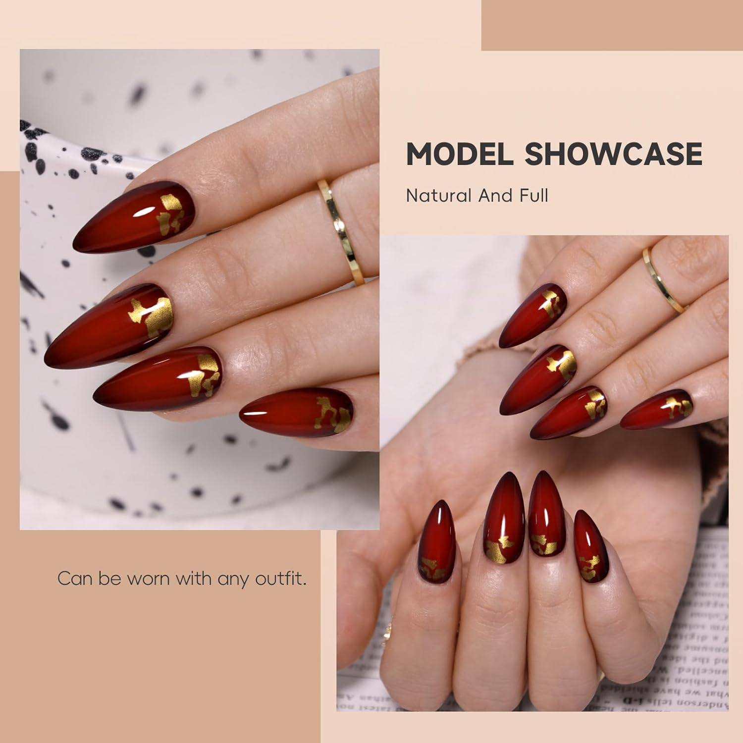 Noerrors 24Pcs Black Red Gold Foil Short Almond False Nails Stick on Gothic Color Gradient Vampire Golden Sequins Acrylic False Nails with Glue image number 3
