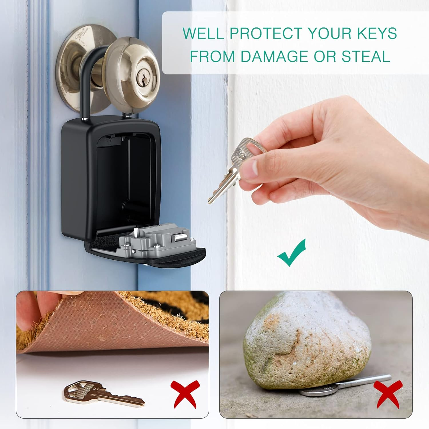 ORIA Key Lock Box, Key Safe Lock Box with Removable Shackle, 4-Digit Combination Lock Box, Resettable Code Key Storage, Weatherproof Lockbox for Home, Office, Garage, Indoor & Outdoor &ndash;Black image number 3