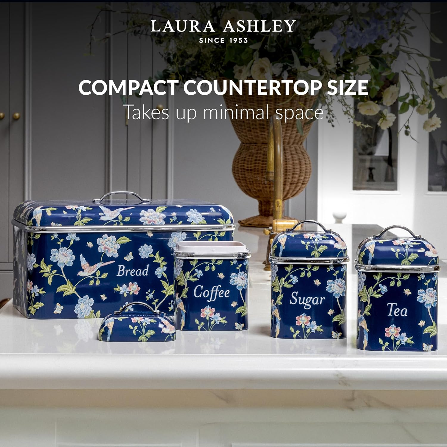 Laura Ashley Tea Coffee Sugar Canisters Set of 3 by VQ - Easy to Clean Stainless Steel Containers with Lid - Stylish Printed Kitchen Storage & Organisation Containers - Elveden Navy image number 2