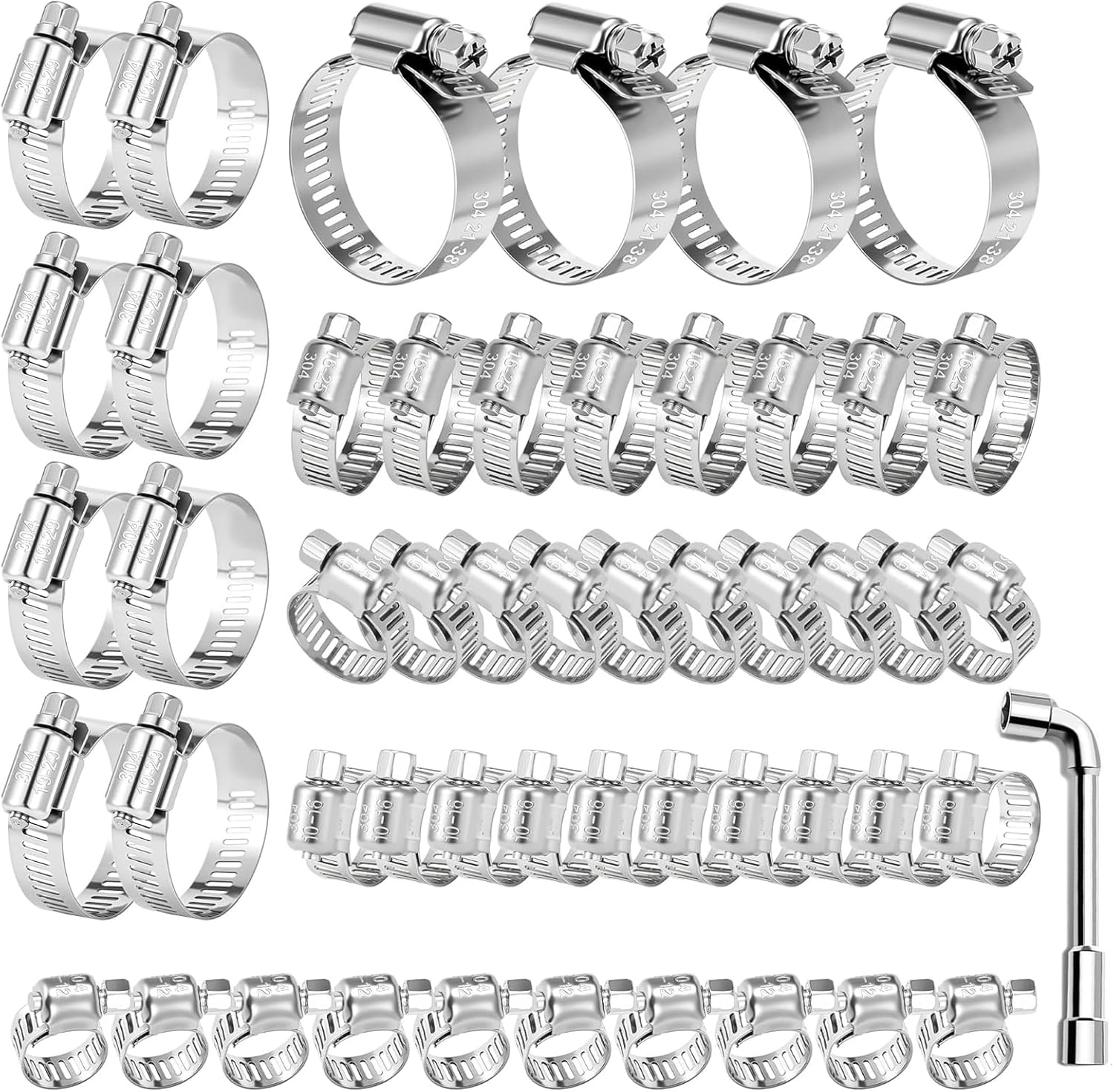 304 Stainless Steel Hose Clamp Assortment Kit, 1/4" to 1-1/2" (6-38Mm) Adjustable Worm Gear Clamps for Plumbing, Automotive, Marine, HVAC & Diy,Rust-Resistant Pipe Clamps for Home & Garden(50-Piece) image number 2