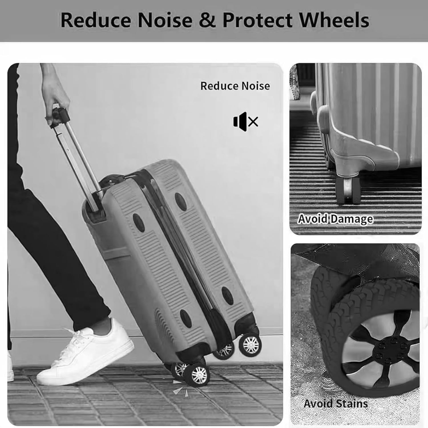 Luggage Wheels Cover Trolley Case Caster Sleeves, Set of 8 Dustproof Anti-Noise Silicone Protector Covers for Universal Luggage & Office Chair Rubber Wheels (Black) image number 4
