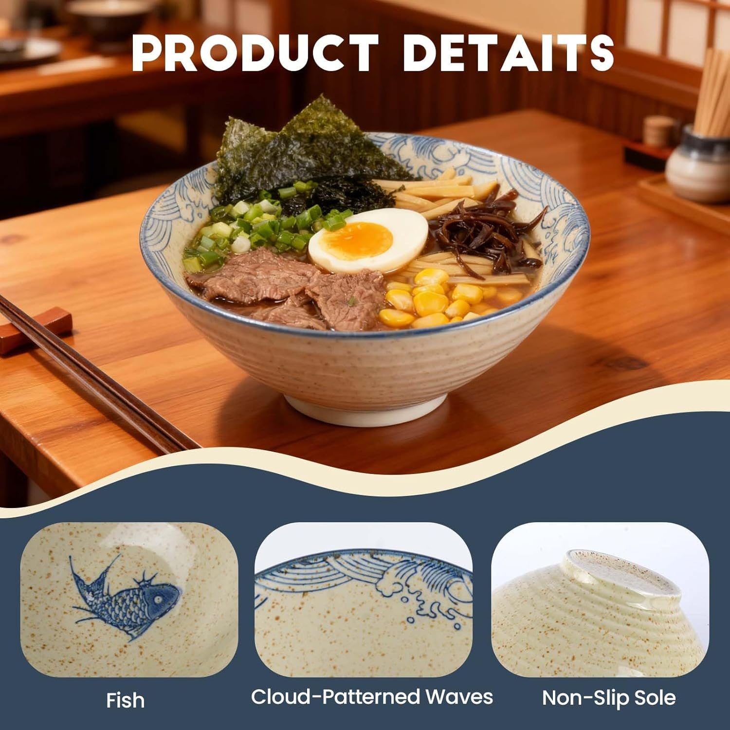 Ceramic Japanese Ramen Bowl Set 40 Oz Noodle Soup Bowl with Matching Spoons and Chopsticks 8 Inch for Udon Soba Miso Soup,Set of 2 image number 4