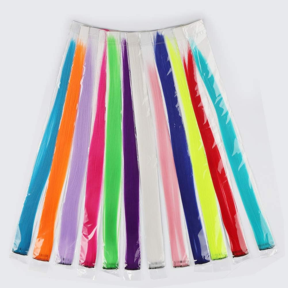 12 Pcs Colored Party Highlights Colorful Clip in Hair Extensions 22 Inch Straight Synthetic Hairpieces for Women Kids Girls, Rainbow image number 6