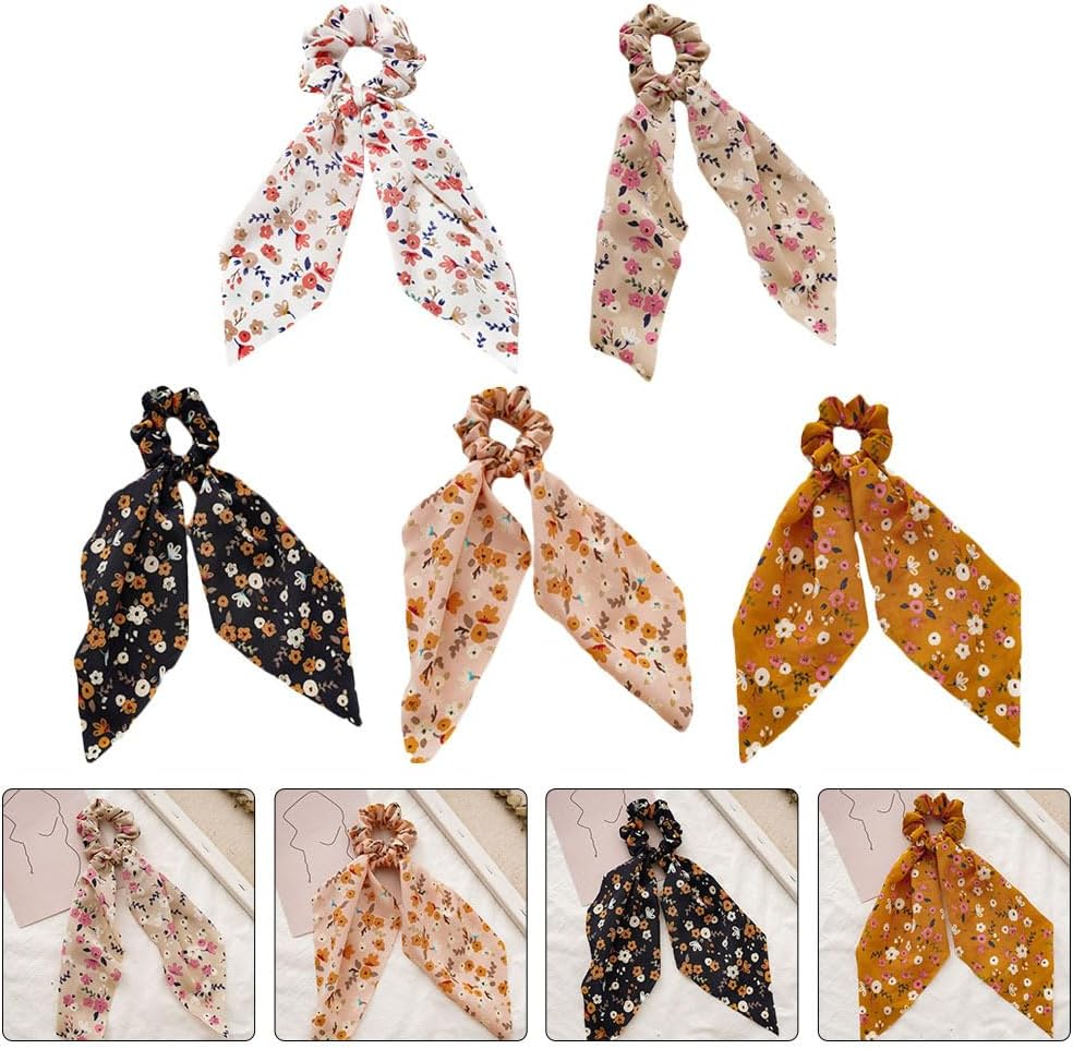 FOMIYES Pack of 5 Floral Satin Ribbon Hair Tie Fashion Scarves Ponytail Hair Band with Tail Flower Printed Hair Pompoms Ties image number 2