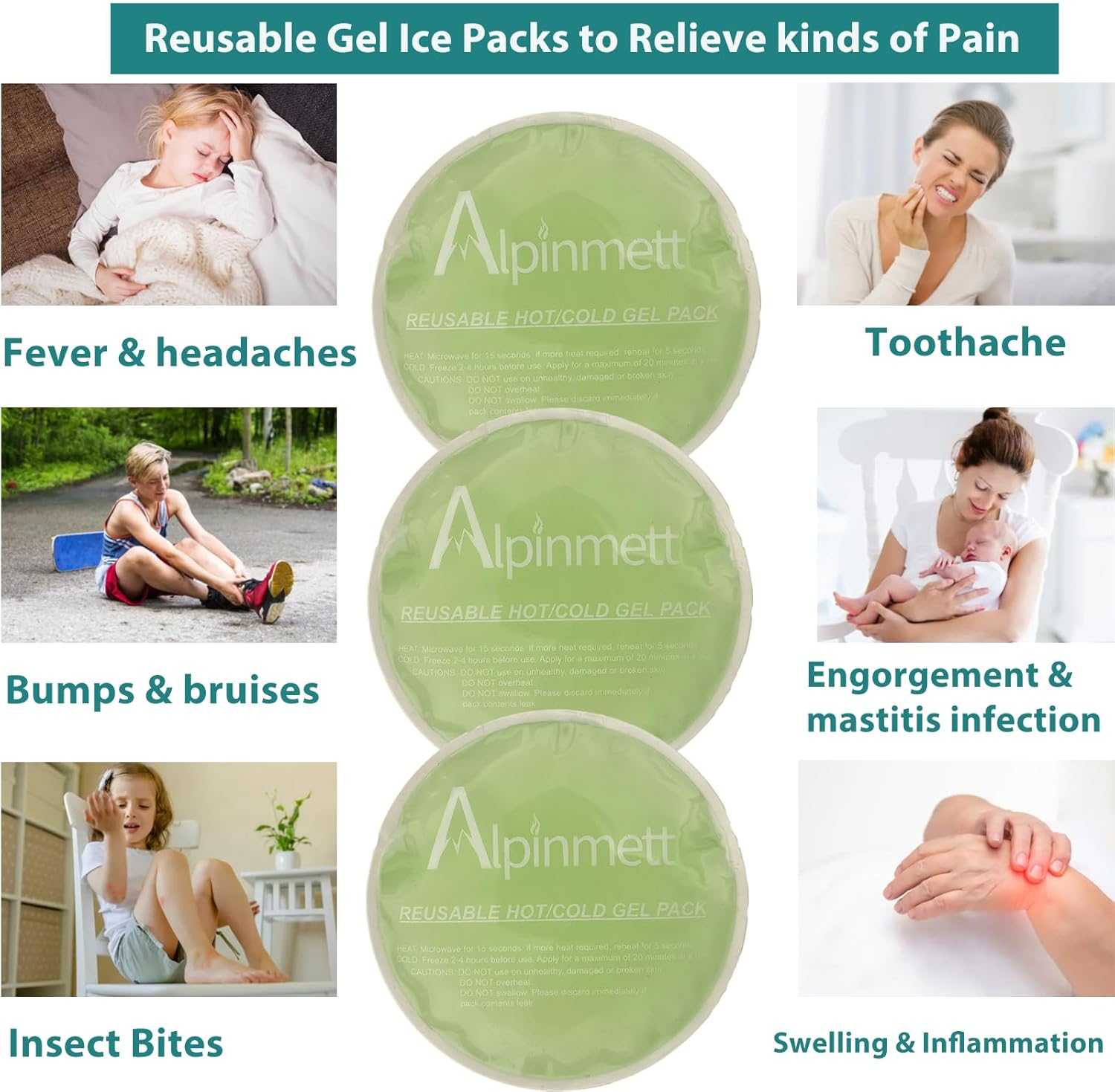 Alpinmett Kids Ice Packs for Boo Boos, 3 Pack Small Gel Cold Packs for Injuries, Toothache, Fever, First Aid Hot Cold Compress for Pain Relief, Reusable, Freezable and Microwavable image number 1