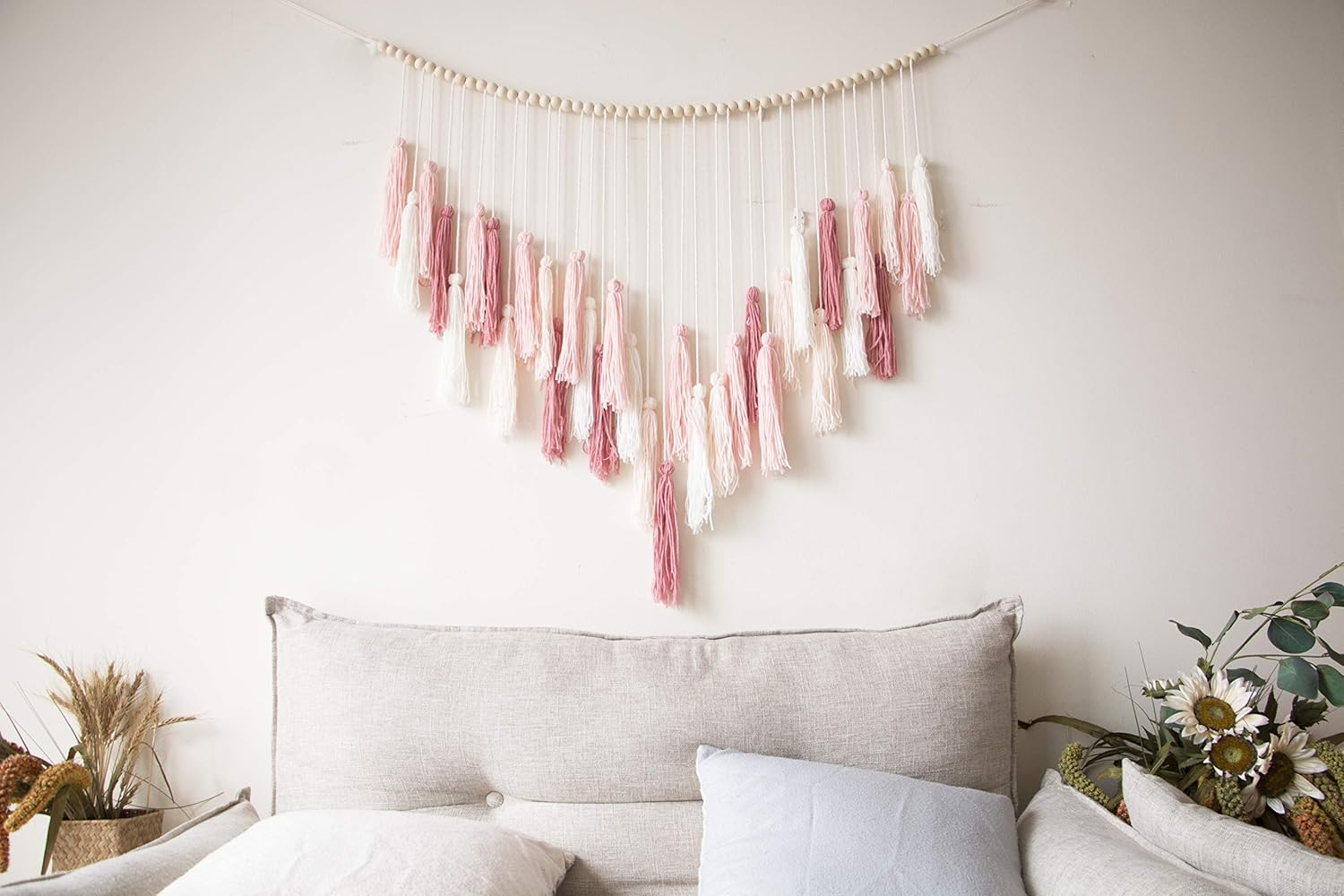Decocove Macrame Wall Hanging - Large with Wood Beads Bohemian Decor for Bedroom, Living Room and Kitchen Warm Blush Pink 35'' X 36'' image number 3