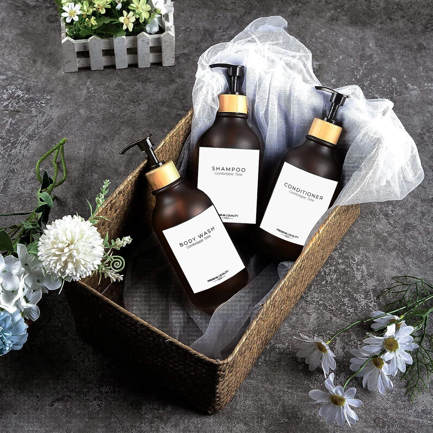 Frosted Heavy Duty Shampoo and Conditioner Bottles, Apothecary Dispenser Bamboo Pump, Refillable Shampoo Bottles for Shampoo Lotion Oil Shower Soap Hand Soap and Dish Soap (Matte Amber) image number 6