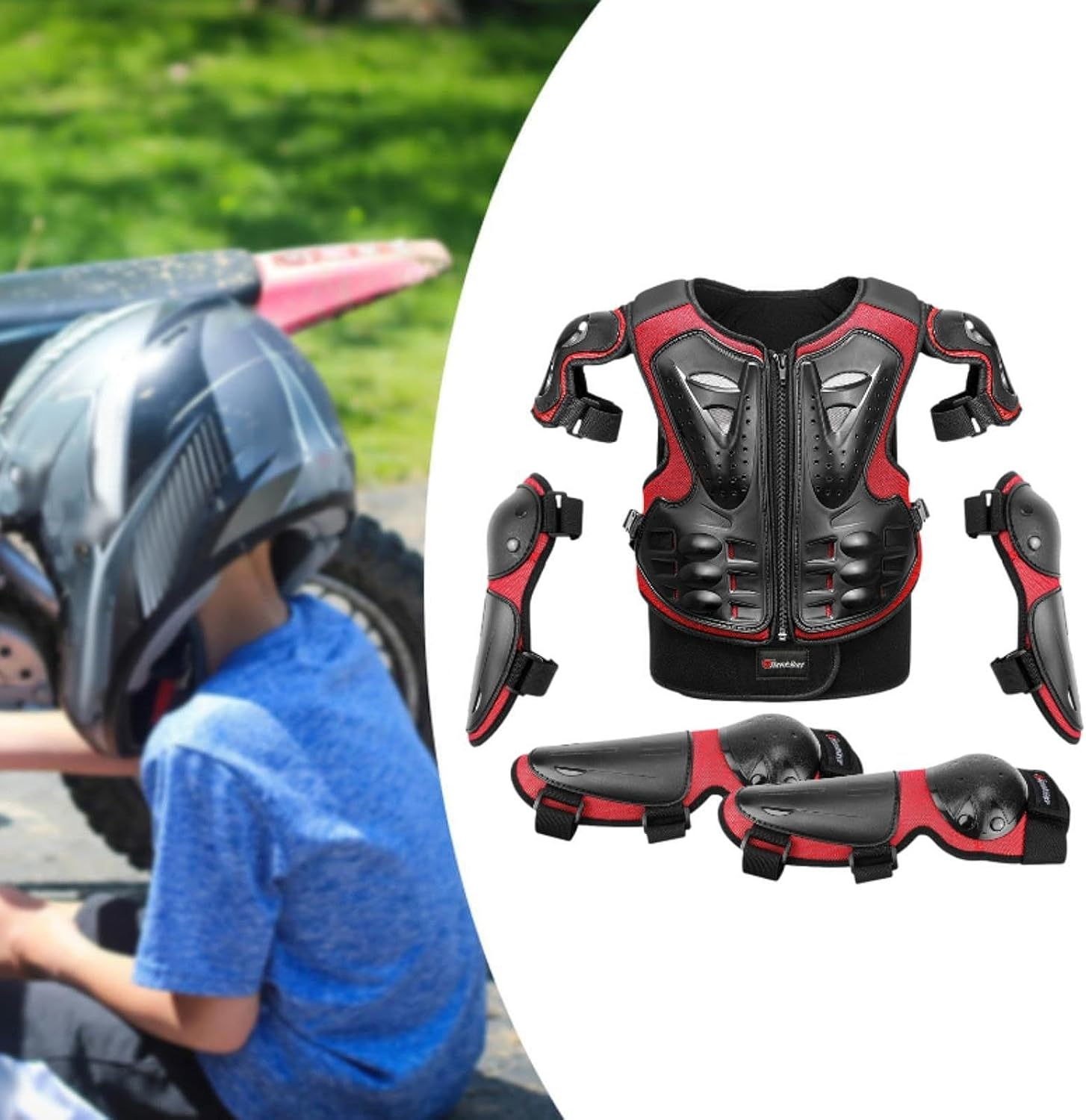 Qcchieus Kids Motorcycle Guard Suit Dirt Bike Gear Comfortable Chest Spine Back Protector with Elbow Knee Pads for Skateboard