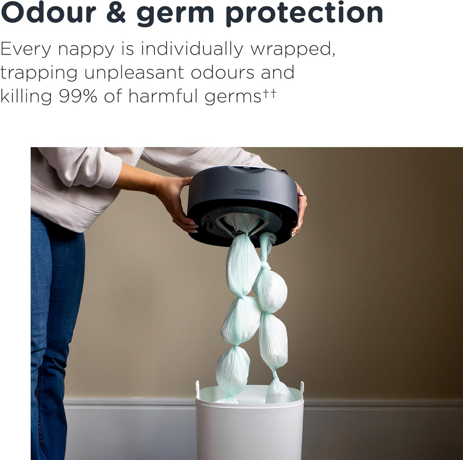 Tommee Tippee Twist and Click Nappy Bin Starter Set, White, with X6 Refill Cassettes, Odour and Germ Protection, Antibacterial Film, 100% Recycled Chassis, (Pack May Vary)