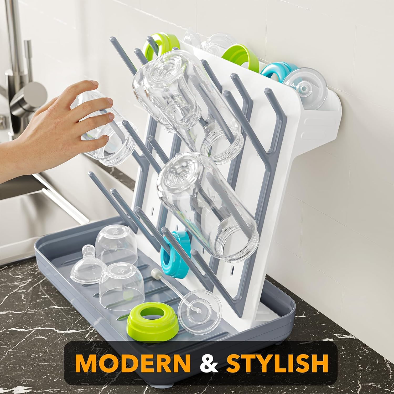 Spaceaid Baby Bottle Drying Rack with 20 Hooks, Space Saving Kitchen Bottles Rack Dryer, Vertical Baby Bottle Holder Organizer for Countertop Storage Accessories (White and Gray) - Blue image number 5
