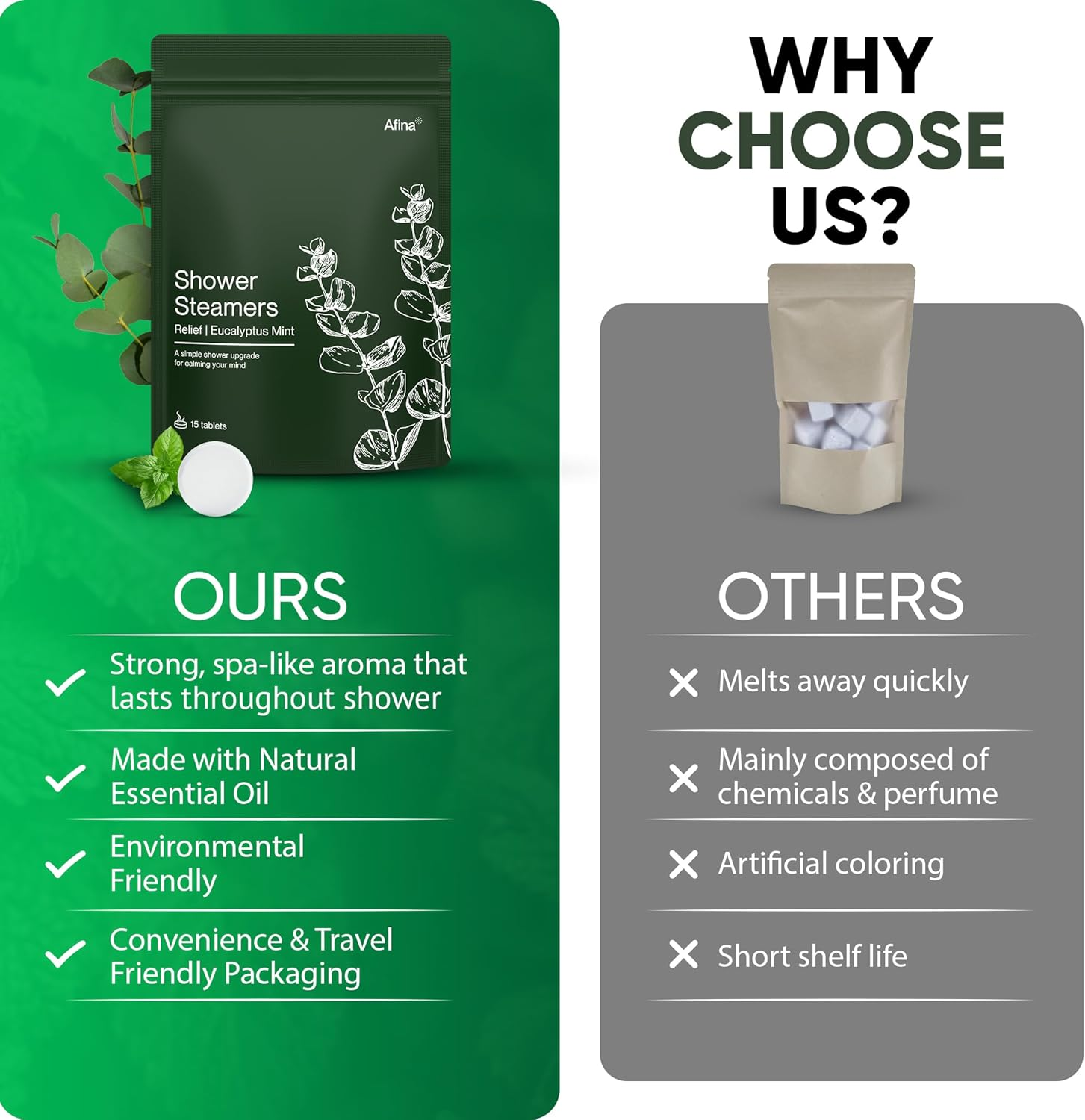 Afina Shower Steamers | Relief | Eucalyptus Mint | Natural Aromatherapy for Stress Relief and Relaxation | Spa Gifts for Women & Men (6 Count) image number 2