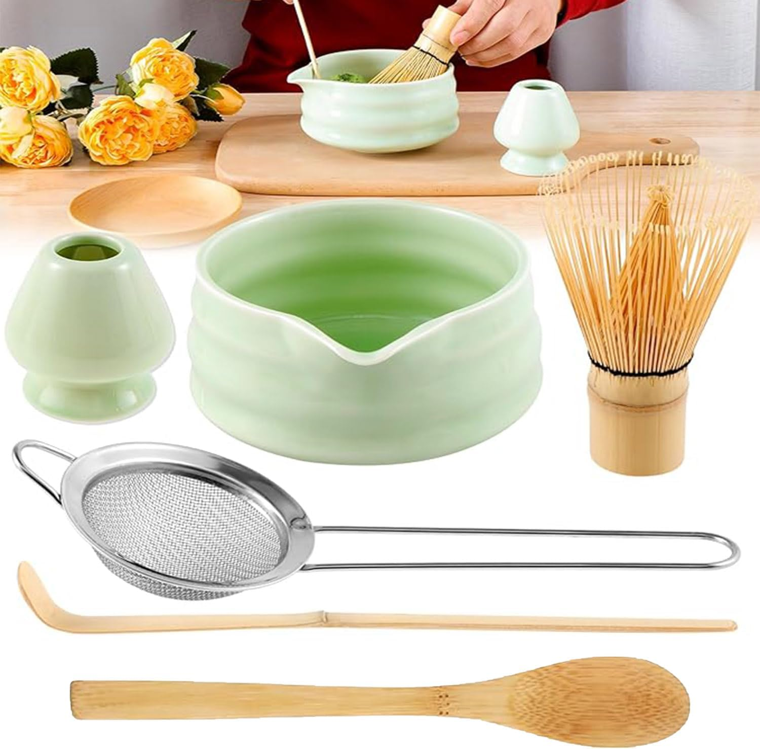Roczential 5 Pack Matcha Whisk Set Matcha Whisk Holder Bamboo Matcha Whisk and Bowl with Spout Matcha Sifter Spoon Matcha Tea Set Kit for Matcha Tea (Matcha Color)