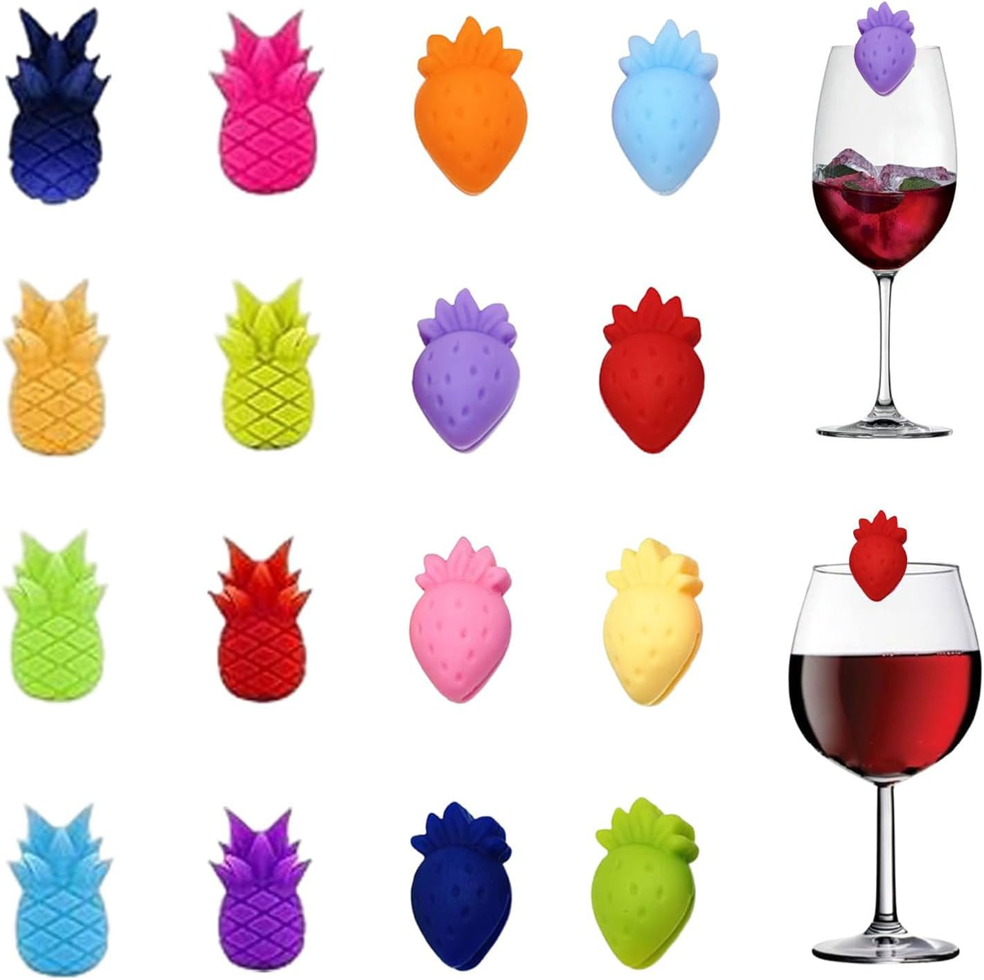 Lyvixora 16PCS Upgraded Wine Glass Charms - Silicone Strawberry & Pineapple Drink Markers | Cute & Reusable Cocktail Champagne Flutes Glass Cup Label Tags for Parties, Weddings & Events image number 4