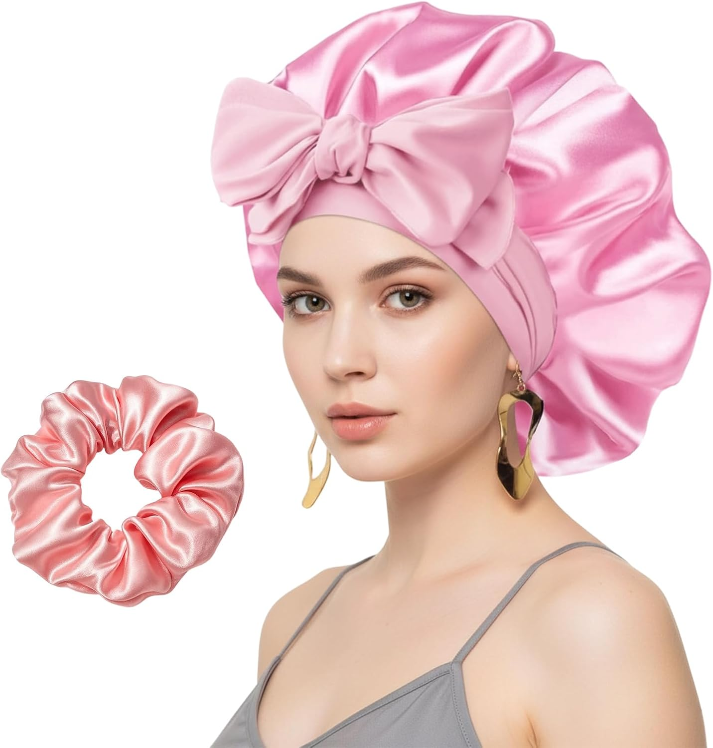 Silk Bonnet for Sleeping, 42Cm Large Size with Cross Design, Includes Pink Hair Tie, Ideal for Gym, Travel and Daily Use image number 3