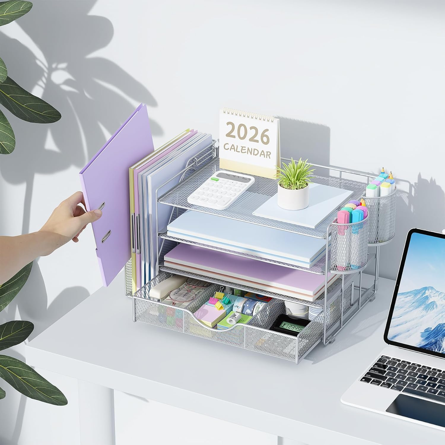 Gianotter Paper Organizer with File Holder for Desk, 4 Tier Letter Tray Office Desk Organizers and Accessories - Workspace Organizers with Drawer and 2 Pen Holder for Office Supplies (Grey), 4T-2