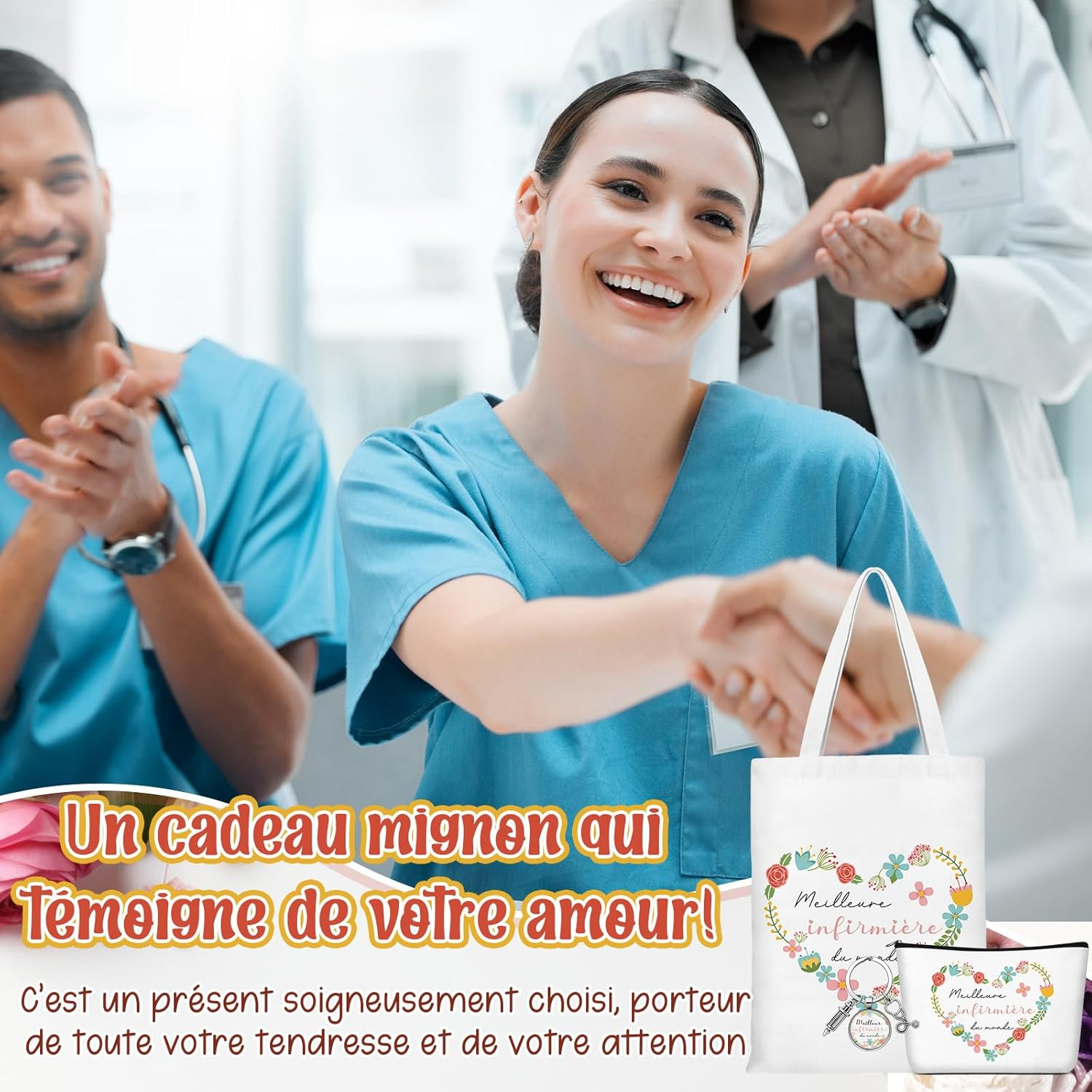 Xuniea Nurse Gift Set Including Canvas Bag, Cosmetic Bag, Keyring with Heart, Stethoscope and Syringe, Thank You Gifts for Medical Staff, Christmas image number 3