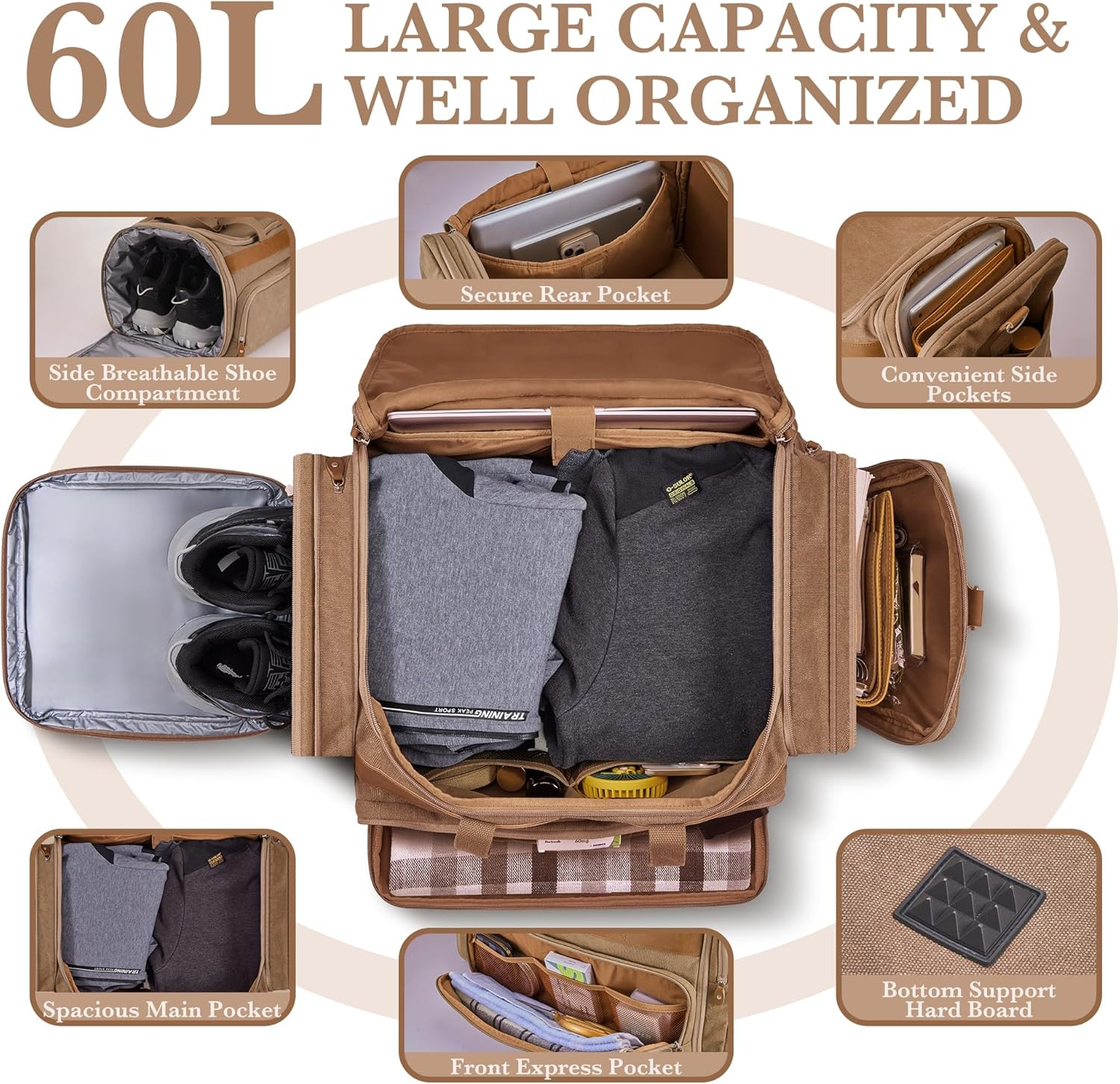 SHOWKOO Duffle Bag for Travel 60L Expandable Canvas Travel Bag Durable Vintage Weekender Overnight Carry on Bag, Khaki, Large-60L, Vintage image number 3