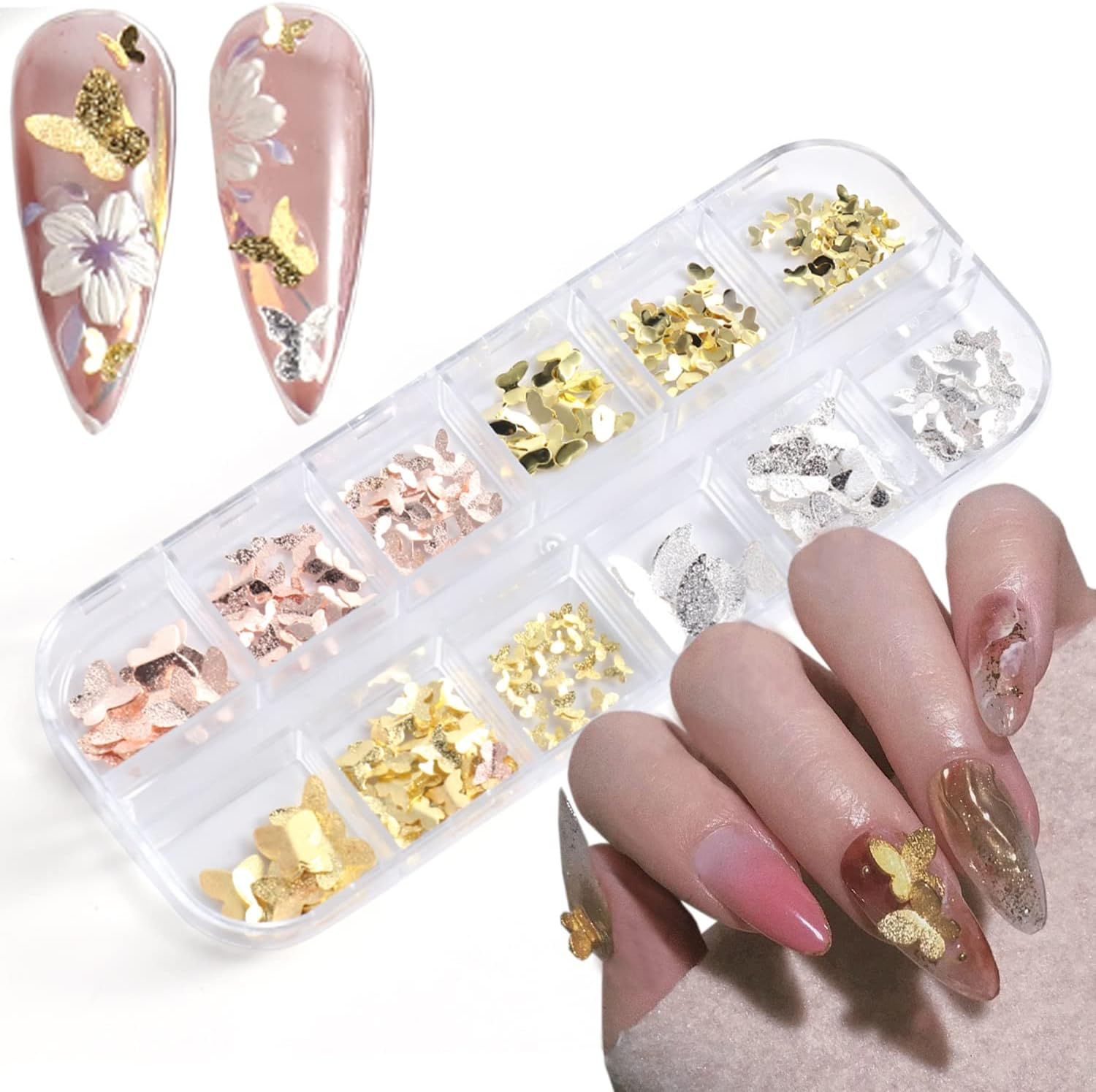 Metal Butterfly Nail Art Decorations, 3D Gold Silver Butterflies Nail Glitter Sequins, Glitter Gold Flying Butterfly Nail Art Design, Metal Butterflies Flakes Acrylic Supplies for Women Manicure Art image number 1