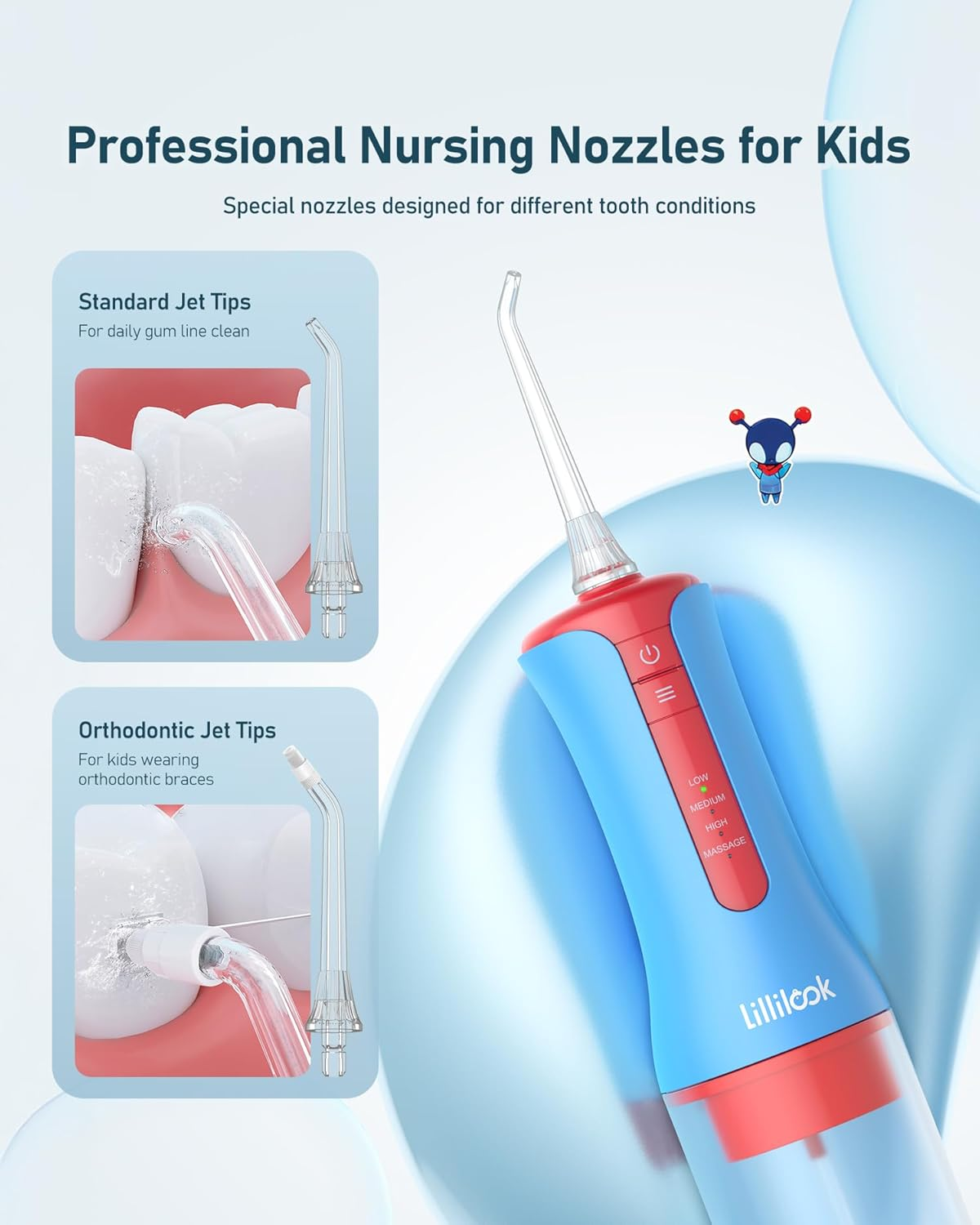 Lillilook Kids Water Flosser, Portable Waterproof Oral Irrigator Water Teeth Cleaner Pick, 4 Modes for Ages 6+, Rechargeable with 3 Jet Tips Blue image number 2