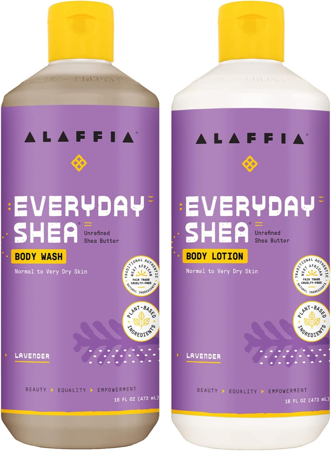 Alaffia Everyday Shea Body Wash Bundled with Shea Body Lotion for Normal to Very Dry Skin, Moisturizes and Cleanses, with Fair Trade Shea Butter, Coconut Oil, Lavender, 2 -16 Fl Oz Bottles