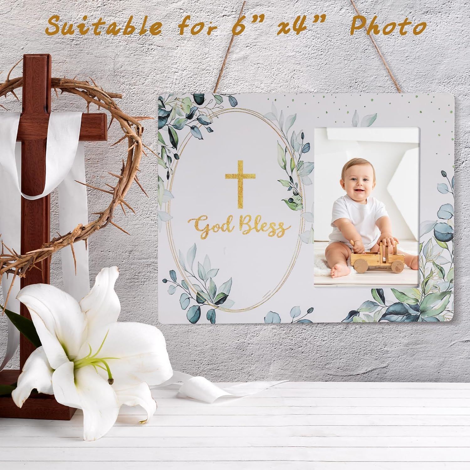 Baptism Gifts for Boys Girl First Communion Christening Gift for Boy Girls with Baby Blanket Baptism Card Picture Frame White Socks Bib image number 4