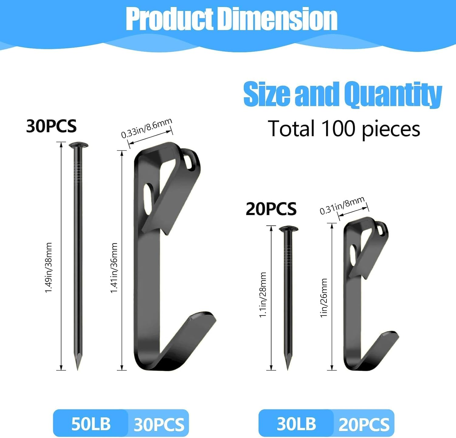 Picture Hangers, 100 Pieces Picture Hanging Kit Including 30Lb and 50Lb Picture Hanging Hooks, Picture Hooks with Nails for Picture Frames, Hanging Pictures, Clocks on Drywall and Wood Walls (Black) image number 5