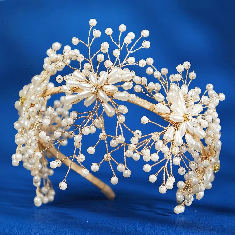 Bridal Headpiecees for Wedding Pearl Wedding Headband Rhinestone Hair Accessories for Brides Crown for Women Girls image number 4