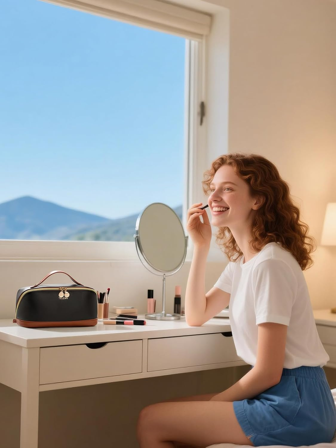 DDPOND Makeup Bag Large Capacity Travel Cosmetic Portable PU Leather Water Resistant Organizer Bags for Women with Handle and Divider Open Flat Beige with Brown image number 1