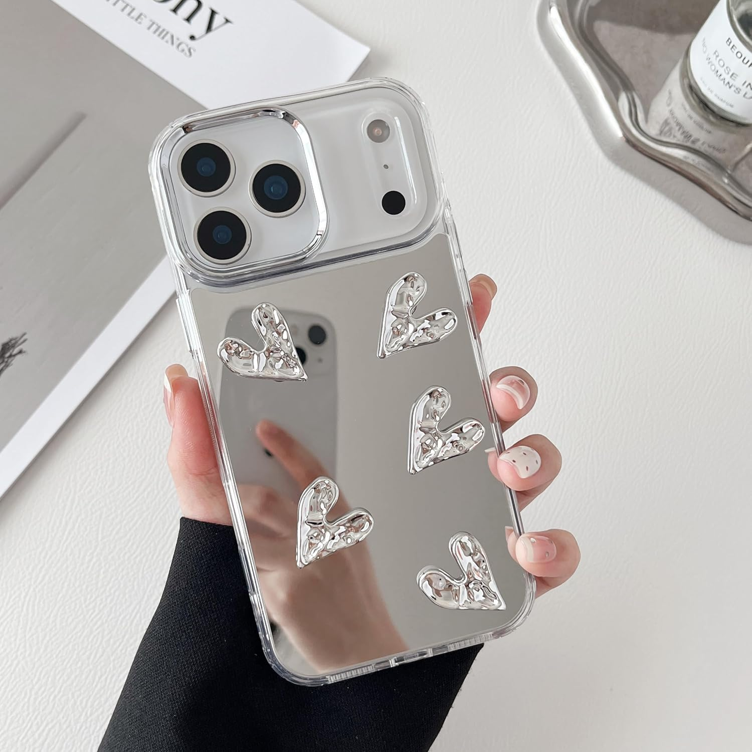 ZTOFERA for Iphone 17 Pro Max Case, Cute Mirror Case with 3D Love Heart for Girls Women Makeup, Flexible Shockproof Anti-Scratch Protective Cover for Iphone 17 Pro Max - Sliver 5 Hearts image number 4